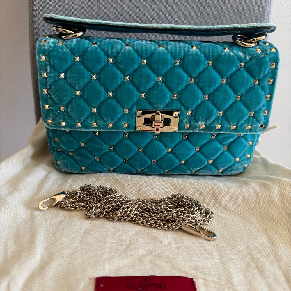Valentino Garavani Teal Quilted Velvet Crossbody Bag